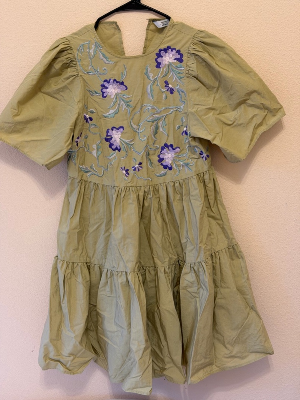 & Other Stories Olive Green Puff Sleeve Embroidered Dress